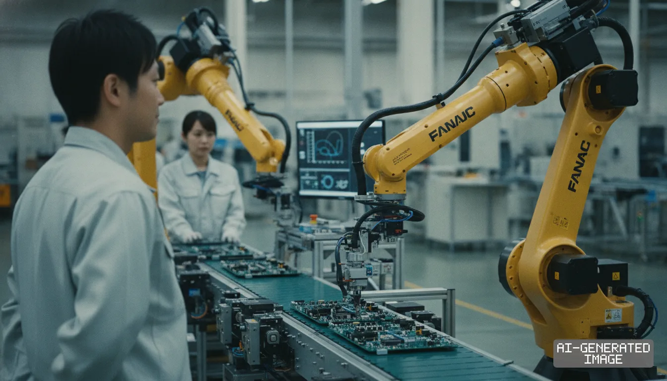 Technicians monitor Fanuc robotic arms assembling circuit boards along a conveyor line in a manufacturing plant. (AI-generated image)