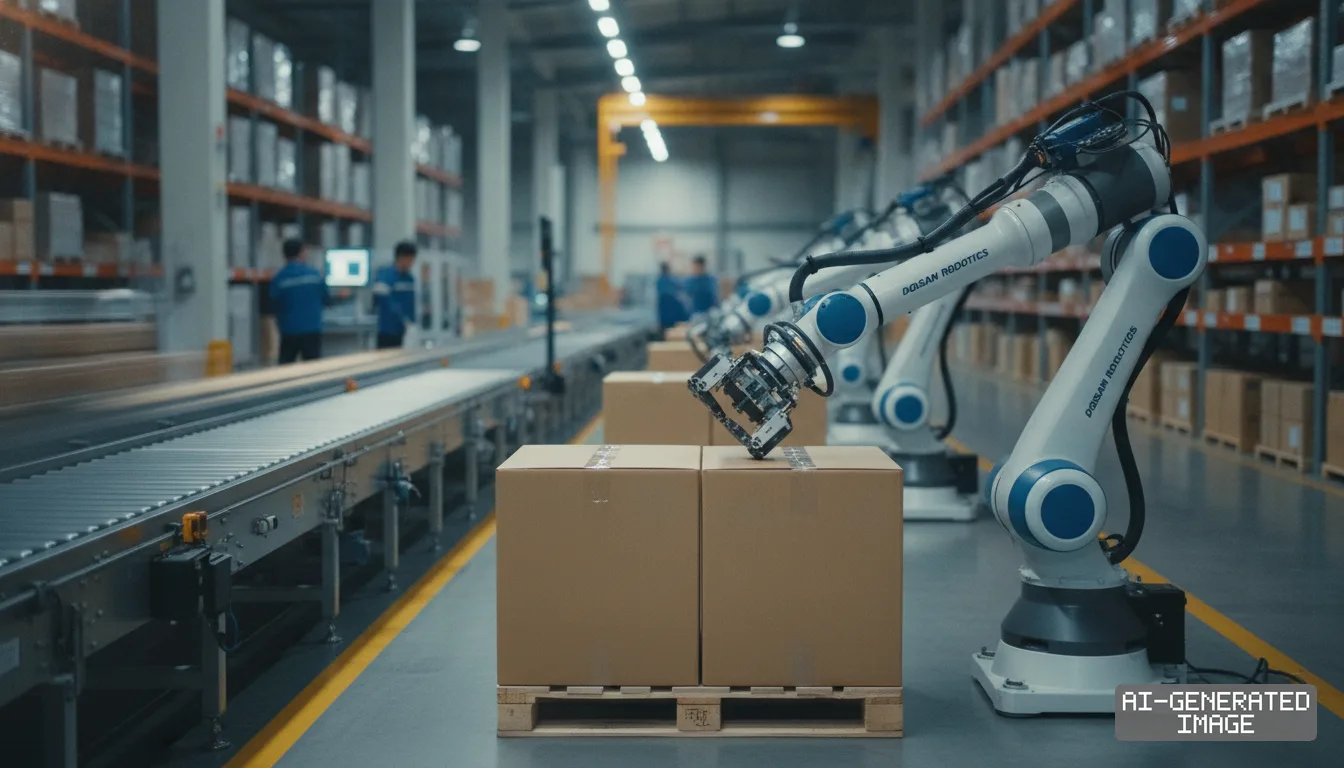 A Doosan Robotics arm stacks cardboard boxes onto a wooden pallet next to a conveyor line in a warehouse. (AI-generated image)