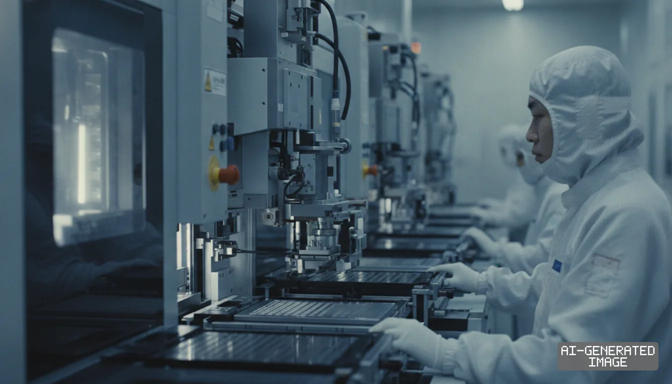 Workers in protective cleanroom suits operate automated equipment along a semiconductor manufacturing line. (AI-generated image)