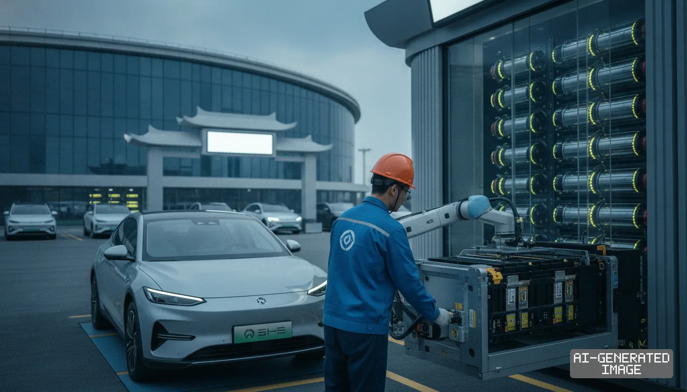 A technician monitors an automated battery swap station beside an electric vehicle as a robotic arm handles a battery pack. (AI-generated image)