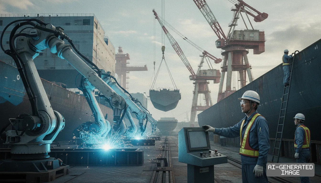 Shipyard workers oversee robotic arms welding steel structures alongside towering cranes during vessel assembly. (AI-generated image)
