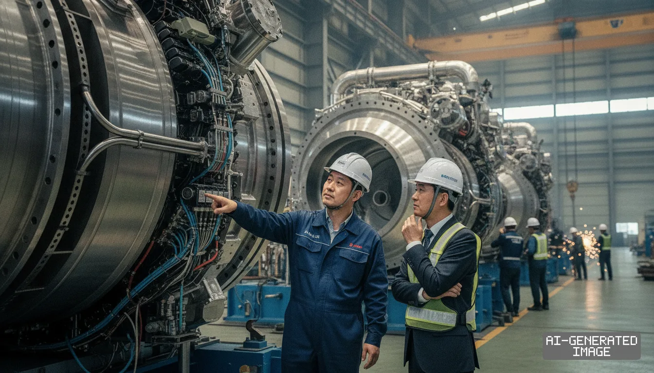 Two men wearing hard hats inspect a large marine propulsion engine inside the Changwon assembly plant. (AI-generated image)