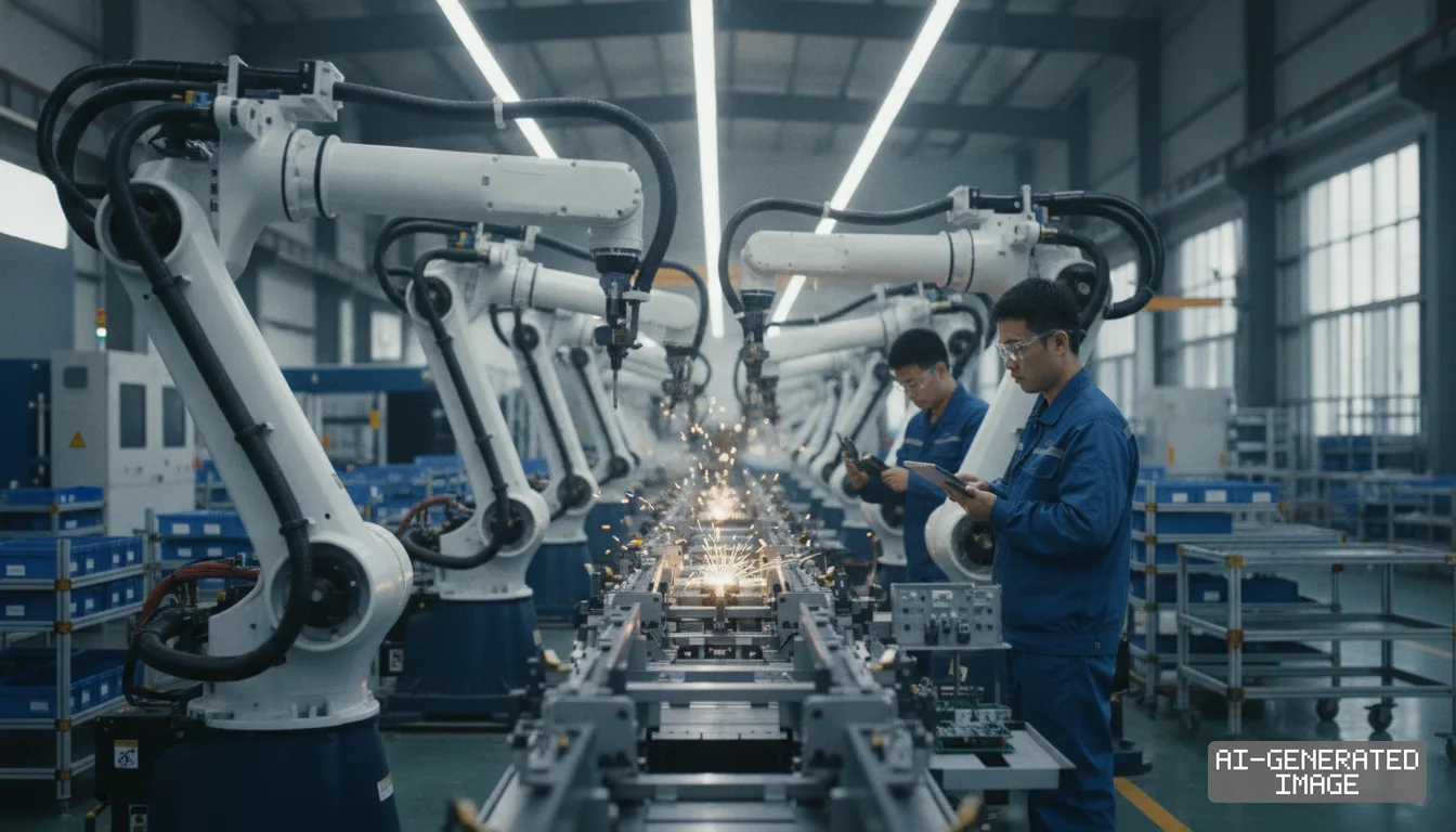 Workers monitor automated robotic arms welding parts along an industrial assembly line inside a manufacturing facility. (AI-generated image)