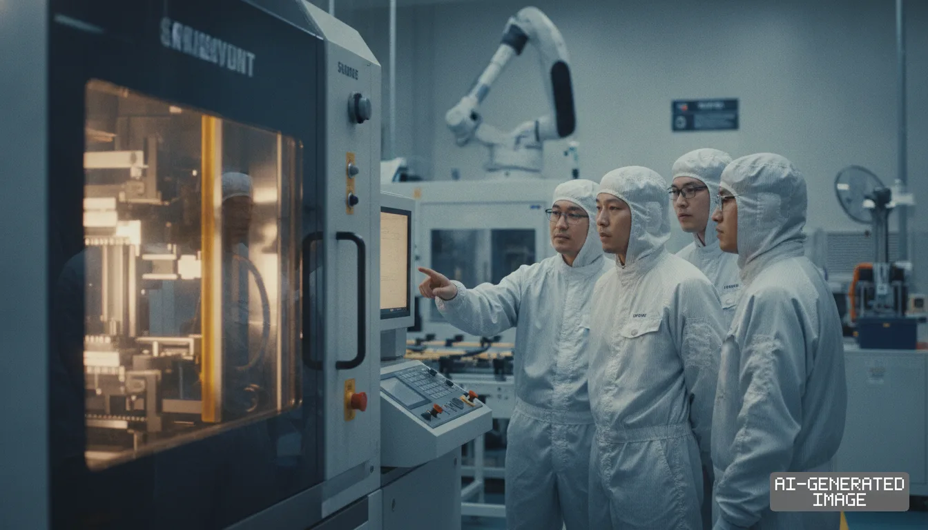 Engineers wearing cleanroom suits examine manufacturing equipment inside a semiconductor production facility. (AI-generated image)