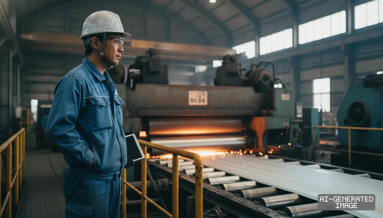 A worker in protective gear holds a tablet near a steel sheet moving along an industrial production line. (AI-generated image)