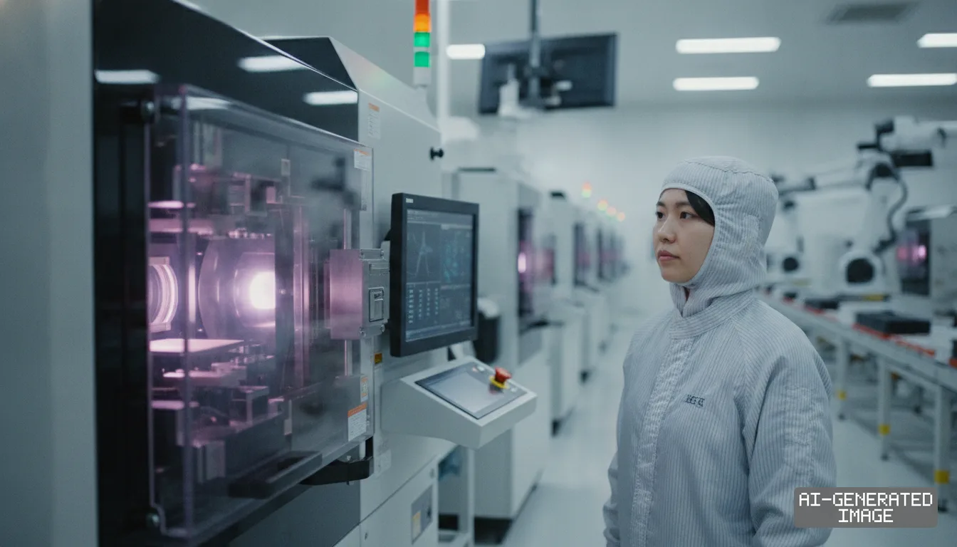 A technician in protective cleanroom attire monitors semiconductor processing equipment inside an advanced manufacturing facility. (AI-generated image)