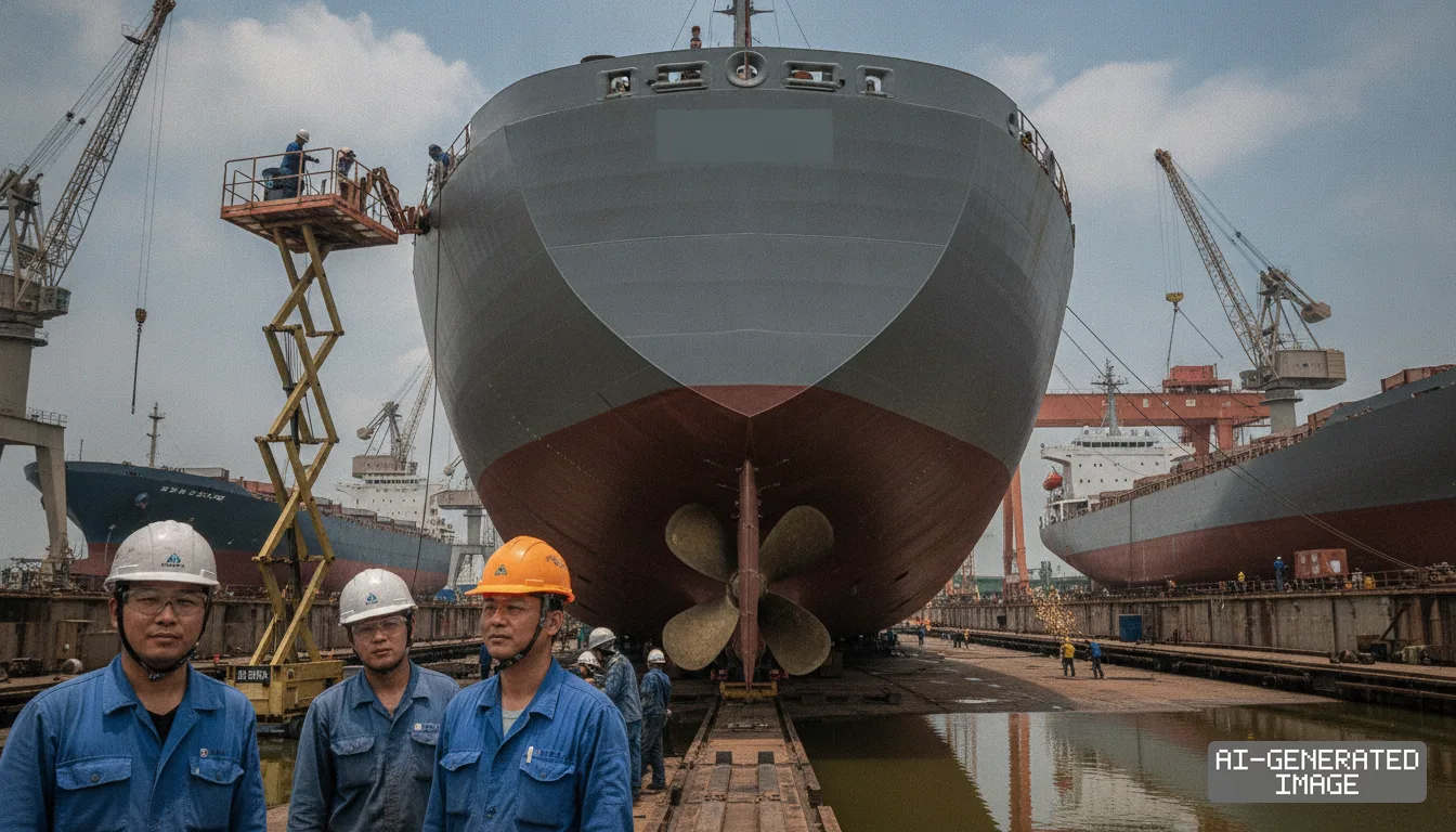 Shipyard workers stand in a dry dock before the hull and propeller of a large vessel undergoing maintenance. (AI-generated image)