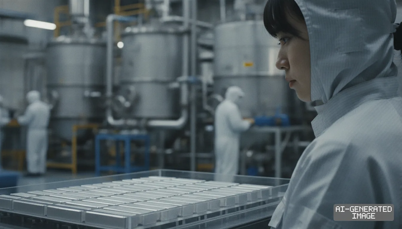 A worker in protective clothing stands before a tray of metal bars inside an industrial processing facility with large stainless steel tanks. (AI-generated image)