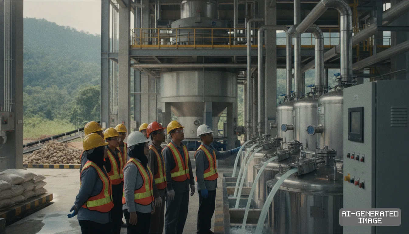 Workers wearing hard hats and safety vests observe liquid flowing into processing tanks at an industrial refining facility. (AI-generated image)