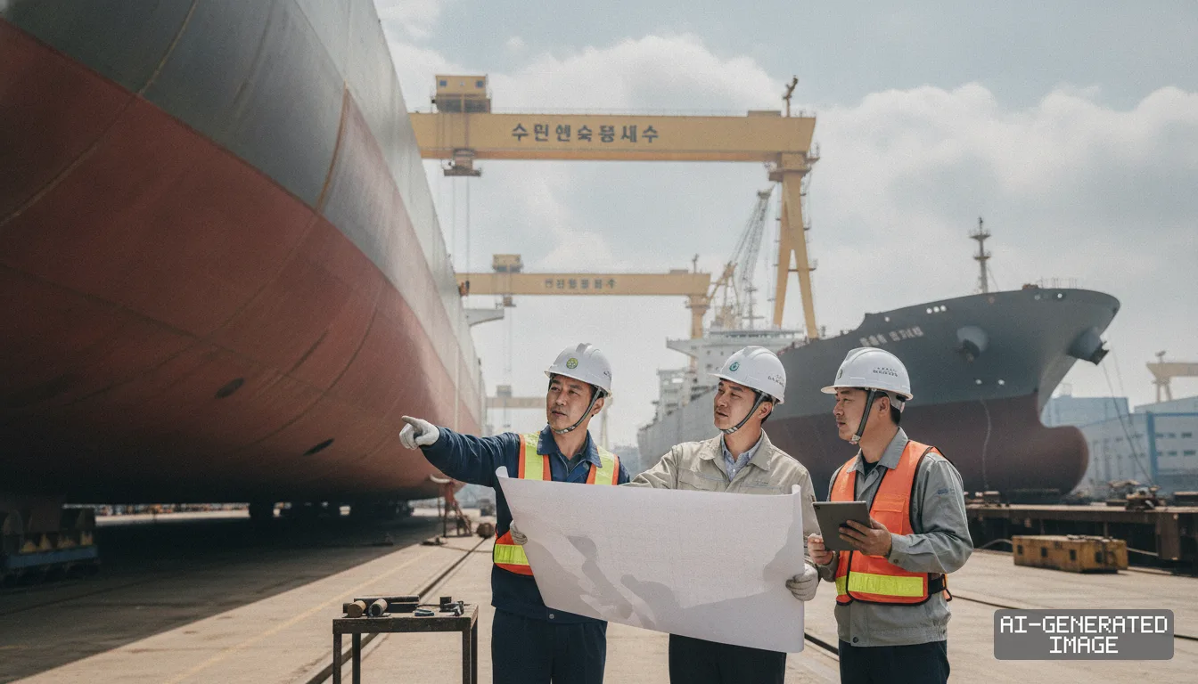 Engineers review blueprints in a dry dock alongside large vessels as shipbuilders prepare for new construction projects. (AI-generated image)