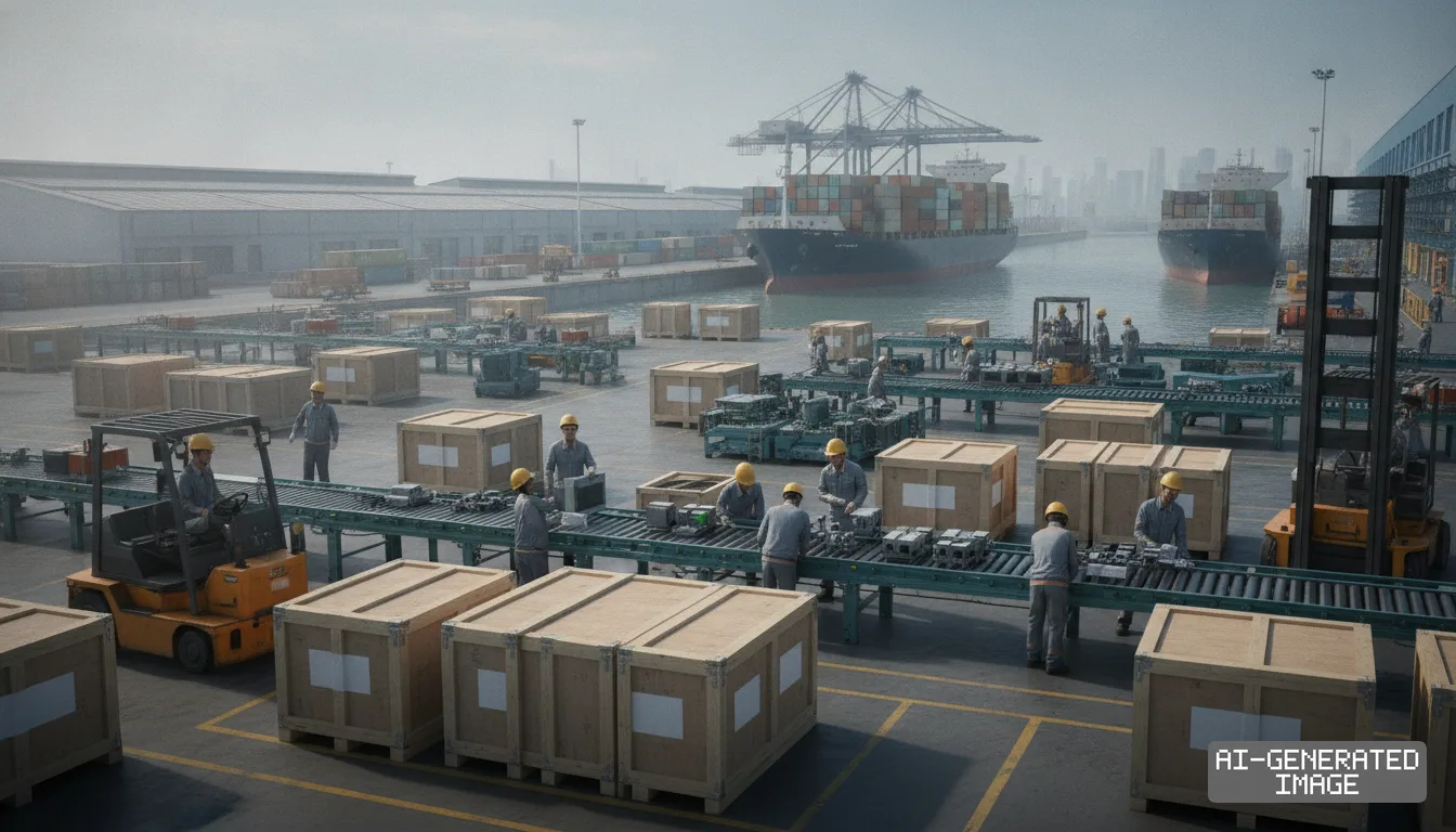 Port workers sort cargo crates along conveyor belts near large container ships docked at an active shipping terminal. (AI-generated image)