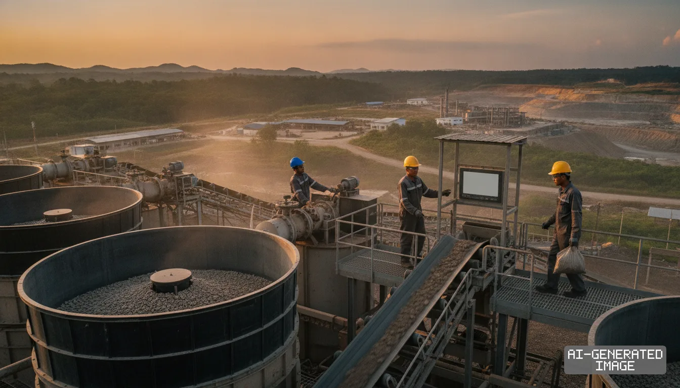 Workers oversee processing equipment and conveyor belts at an industrial mineral facility in Malaysia. (AI-generated image)
