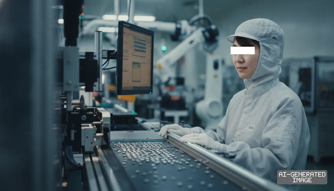 A worker wearing cleanroom gear inspects small electronic components along an automated production line in a manufacturing plant. (AI-generated image)