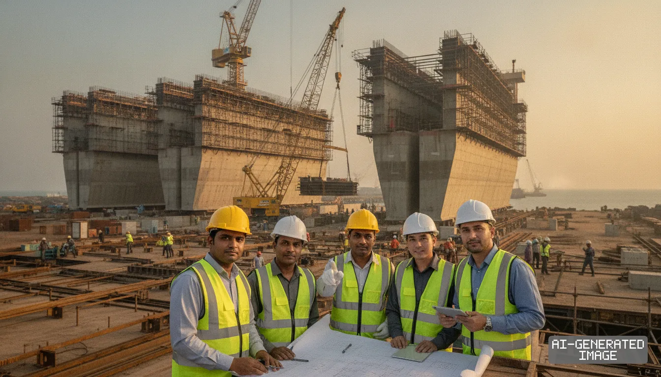 Engineers review blueprints at an active shipyard construction site with large maritime structures and cranes in the background. (AI-generated image)
