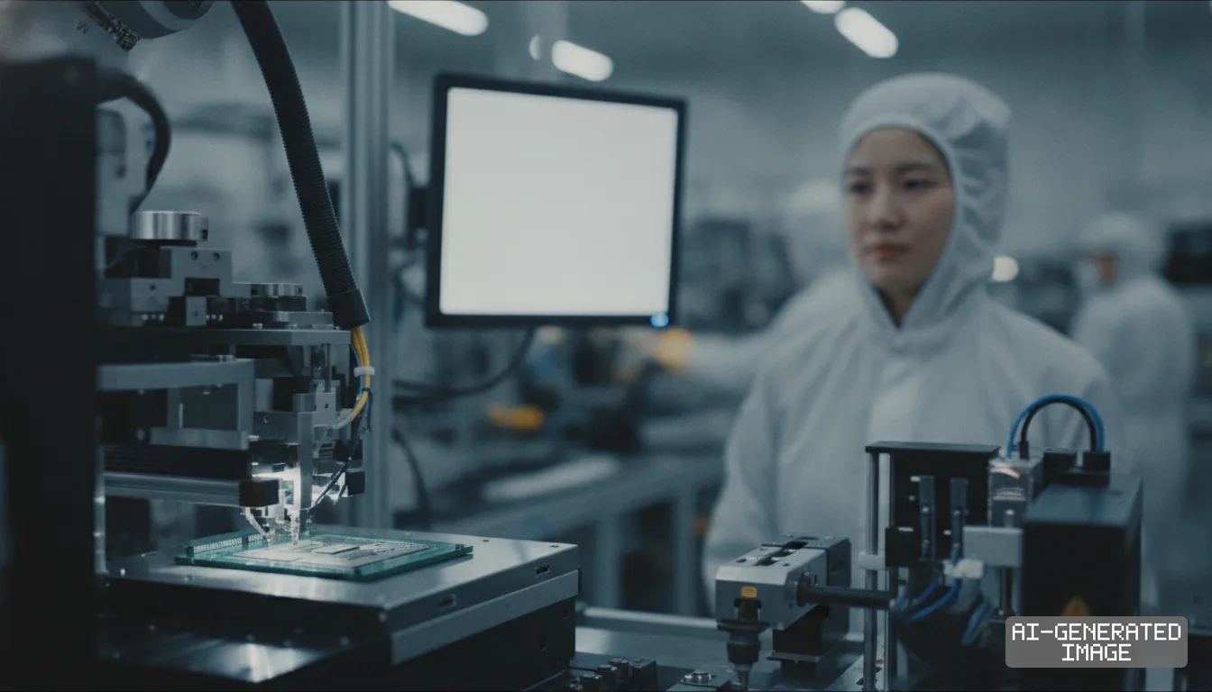 A worker in protective cleanroom attire stands beside automated semiconductor machinery in a manufacturing plant. (AI-generated image)