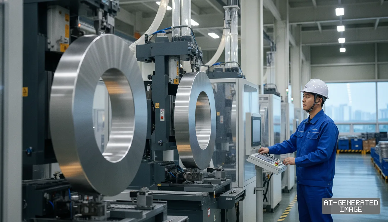 A worker in a hard hat operates automated machinery alongside large metal rings at a manufacturing plant. (AI-generated image)