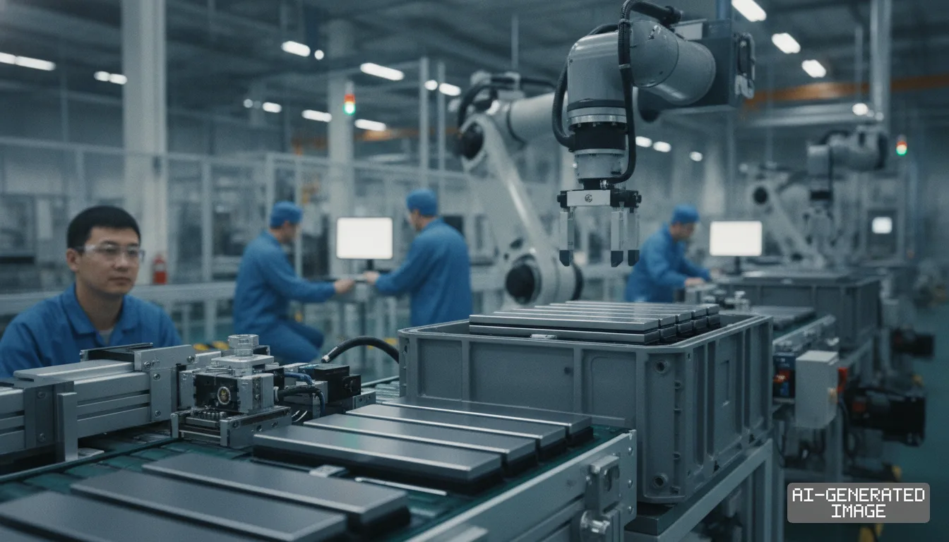 Workers oversee an automated production line as robotic arms assemble battery cells inside a manufacturing plant. (AI-generated image)