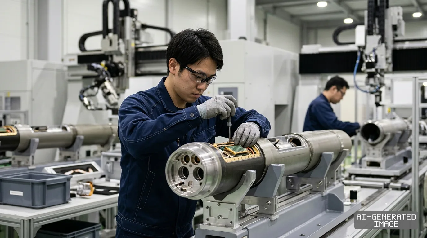 A technician installs electronic components into a missile body along an assembly line inside a manufacturing facility. (AI-generated image)