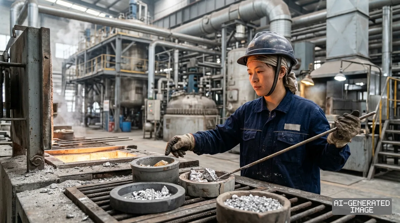 A worker handles metal pieces near an industrial furnace inside a Chinese mineral processing plant. (AI-generated image)